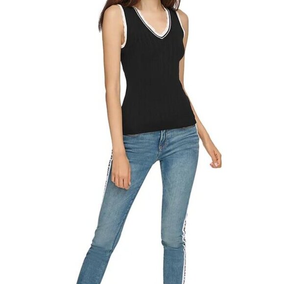 Karl Lagerfeld Paris Scalloped Trim Ribbed Tank - Black, Size Small, NWT - Picture 3 of 6